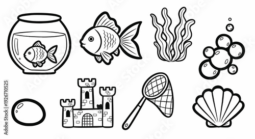 Black and White Line Art Cartoon Aquarium and Marine Life Elements Vector Icons Set
