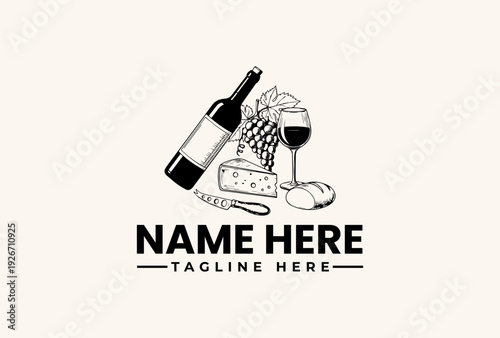 A black and white illustration of a wine bottle, glass, cheese, and crackers on a clean background with a placeholder logo design for a business or brand identity.