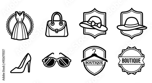 Black and White Line Art Fashion Boutique Icons Set with Clothing and Accessories