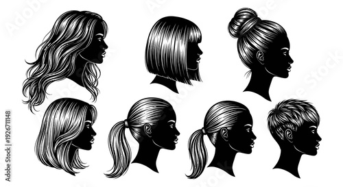 Hairdressing  Beauty: Black  White Line Art Silhouettes of Women's Diverse Hairstyles