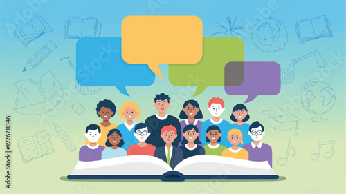 Diverse group of people reading a book with speech bubbles  education and communication concept
