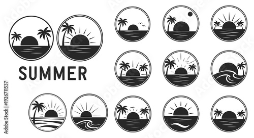 Tropical Summer Beach Travel Logos  Emblems Collection - Black  White Line Art