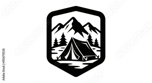 Monochrome Vector Camping Badge with Mountain, Tent, and Forest Landscape