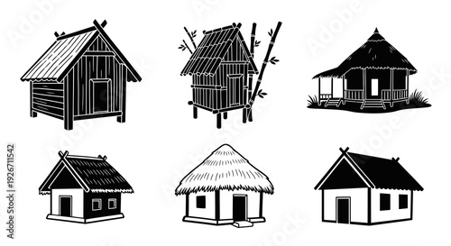 Black  White Silhouette Icons of Traditional Huts for Architecture and Travel Design