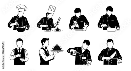Culinary Professional Black  White Line Art Icons Set - Chefs and Waiters at Work