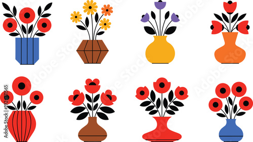 Set of colorful flat vector illustrations featuring various stylized flowers in decorative ceramic vases isolated on white background for interior design decor