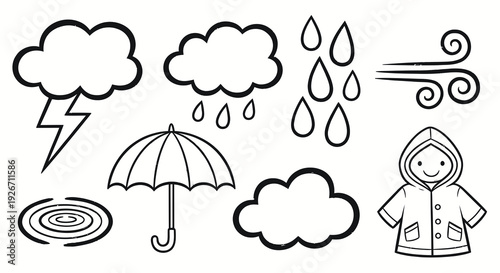 Black and White Line Art Weather Icons Set: Rain, Storm, Wind Elements  Protection