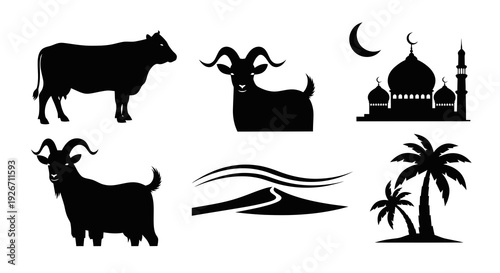 Islamic Culture  Eid Al-Adha Silhouettes: Animals, Mosque, Moon  Palm Trees