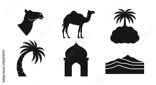 Middle Eastern Desert Travel Icons Set: Black  White Camel, Palm Tree, Mosque Silhouettes