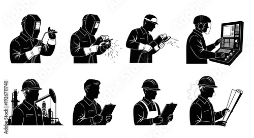 Diverse Industrial Occupations Monochromatic Silhouette Vector Icons