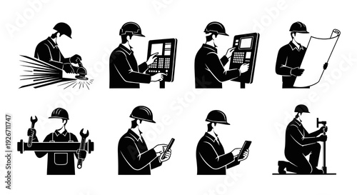Industrial Engineers and Workers Silhouette Glyph Set - Construction  Manufacturing Jobs