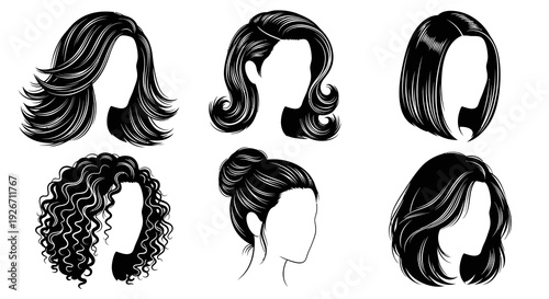 Beauty Industry Vector: Black  White Line Art Women's Hairstyles Collection