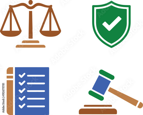 Collection of legal and justice symbols including scales shield and gavel