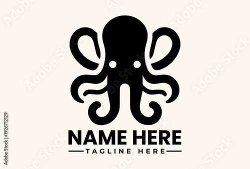 A black vector illustration of an octopus logo with placeholder text on a beige background, featuring a simple icon design.