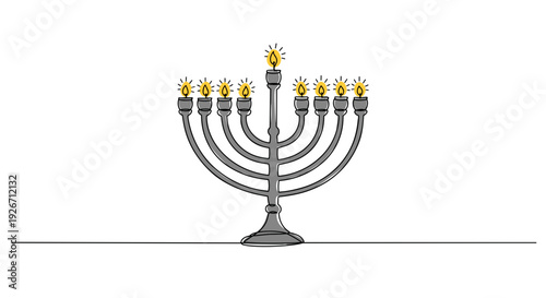 Line drawing of a menorah with nine candle holders and lit candles on a transparent background