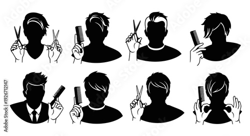 Hairdressing Barber Stylist Black and White Silhouette Icons with Scissors and Combs