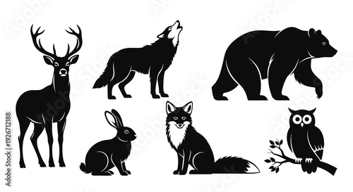 Forest Wildlife Animals Silhouette Icons Set - Deer, Wolf, Bear, Fox, Rabbit, Owl