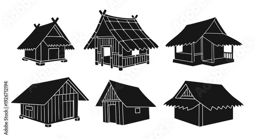 Architecture  Travel Industry: Glyph Black  White Icons of Traditional Huts Set