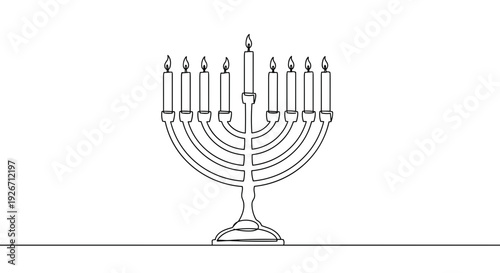 Line drawing of a menorah with eight candles, symbolizing Hanukkah, on a transparent background in a minimalist black and white design