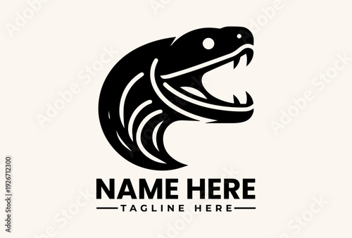 Black and white illustration of a stylized fish logo with an open mouth, accompanied by placeholder text for a name and tagline on a beige background.