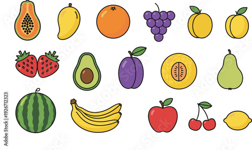 Hand Drawn Fruit Icon Set with Papaya, Mango, Orange, Grapes, Peach, Strawberry, Avocado, Plum, Melon, Banana and Apple Vector Illustration