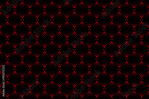 Geometric pixel pattern with red diamond shapes on black. Abstract vector pixel dots motif. Red dots mosaic grid on black texture for digital backgrounds, textile print.