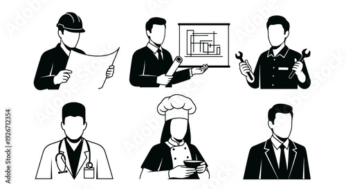 Black  White Flat Glyph Icons of Various Professional People Avatars Set