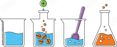 Step by step chemistry experiment with beakers and flask, mixing colorful solutions and bubbling reaction, laboratory science education vector illustration process.