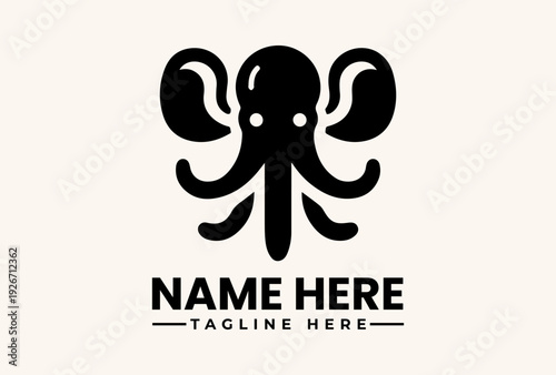 A black vector illustration of an octopus logo with placeholder text on a beige background, featuring a simple icon design.