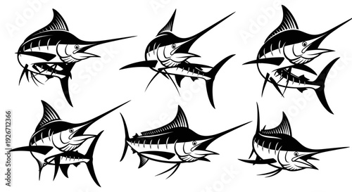 Fishing and Marine Life Marlin Billfish Black and White Line Art Vector Set