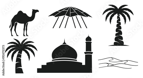 Middle East Desert Travel Culture Glyph Icons Set - Camel, Palm Tree, Mosque, Dunes
