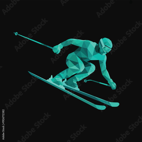 Skier in action low poly vector illustration. Dynamic downhill skiing figure in geometric polygonal style. Created with teal and black color palette.
