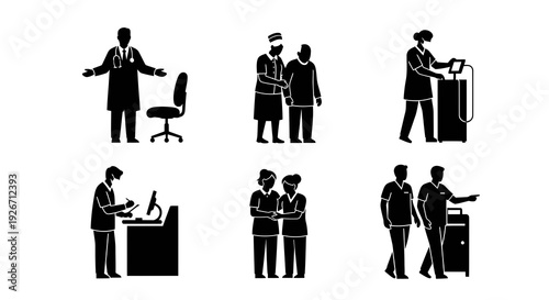 Medical Healthcare Professionals Patient Care Black  White Glyph Icons Set