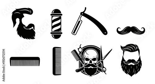 Barber Shop Grooming Black  White Glyph Icons Set with Beards, Razors, Combs