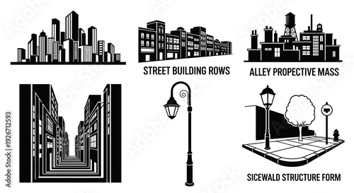 City Planning  Urban Design Vector Glyphs: Buildings, Streets, and City Elements Collection