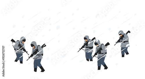 Five soldiers wearing gray hooded winter uniforms and carrying rifles walk through a heavy snowstorm with visible white flakes and diagonal wind lines against a stark white background.