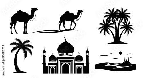 Islamic Culture and Middle Eastern Travel Silhouettes - Camels, Mosques, Palm Trees