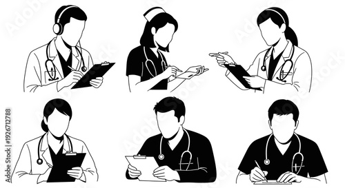 Healthcare Professionals Glyph Vector Illustration Set. Doctors and Nurses Line Art.