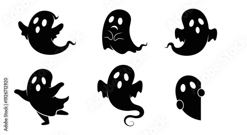 Cute Cartoon Black and White Ghosts Halloween Glyphs Vector Set