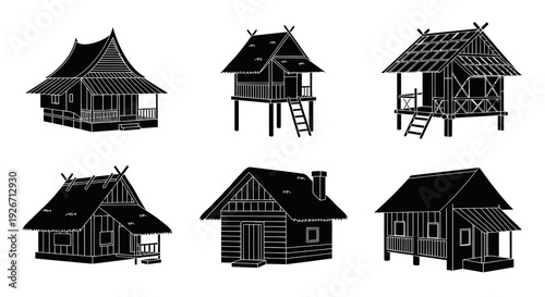 Traditional Southeast Asian Houses  Huts Glyph Icons Set - Architecture Line Art