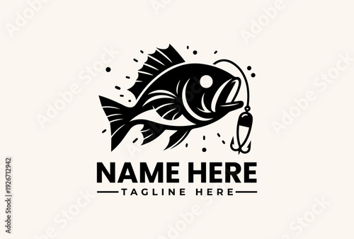 A black and white vector illustration of a fish with a fishing hook in its mouth, surrounded by splashes, against a clean white background with space for a logo and tagline.