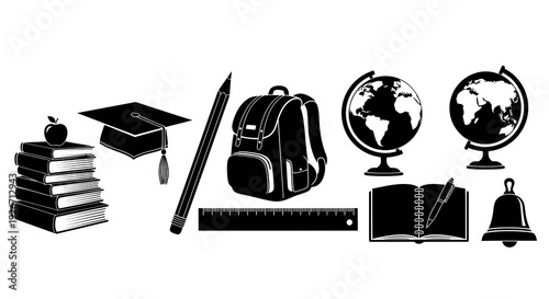 Education School Learning Glyph Icons Set - Books, Globe, Backpack, Graduation Cap