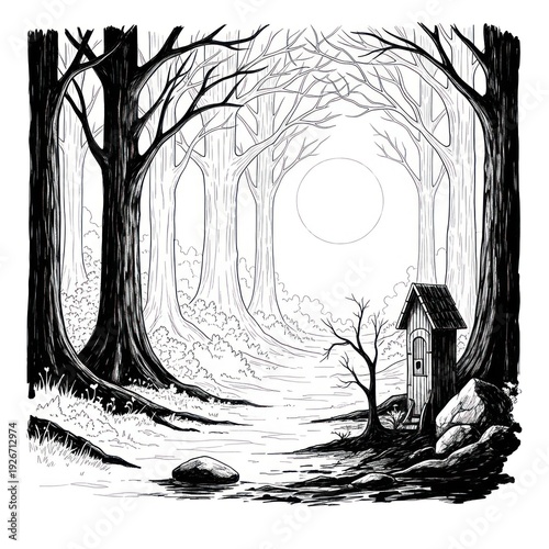 Ink illustration of a forest path with trees and small building