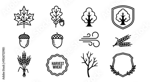 Nature  Agriculture Black and White Line Art Icons Set - Autumn and Harvest Elements