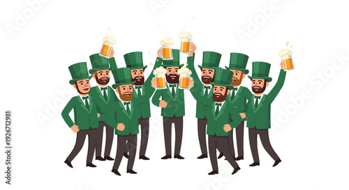 Ten men wearing matching green leprechaun suits and top hats cheer together while holding up mugs of frothy beer against a plain white background for a holiday celebration.