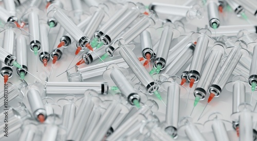 Medical Syringes Scattered top view Background 3D computer generated Rendered Healthcare Concept 
