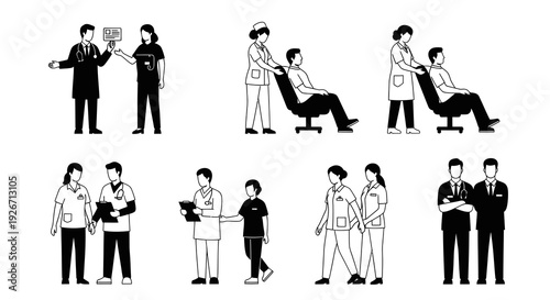 Black and White Medical Professionals Glyph and Line Art Icons Set