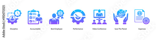 Performance and Sustainability web banner vector illustration featuring Discipline, Accountable, Best Employee, Performance, Video Conference, Save The Planet, and Expenses.