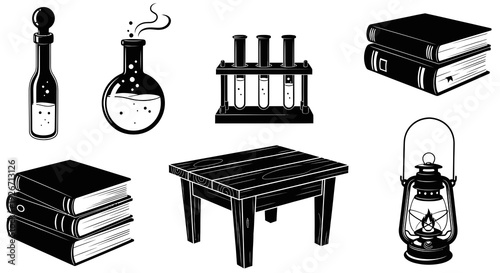 Science Education Research Lab  Study Tools Black  White Line Art Icons Set