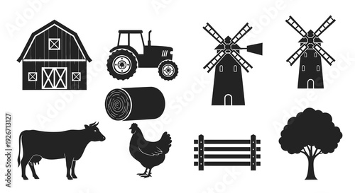 Farming Agriculture Glyph Icons Set: Rural Farm Life Silhouettes with Barn, Tractor, Animals
